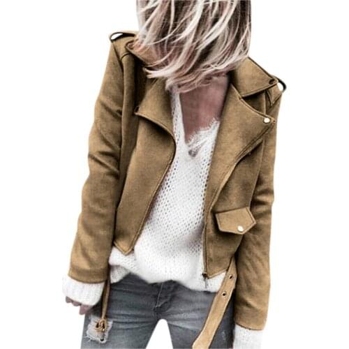 Spring Autumn Women Faux Leather Jacket Slim Streetwear Khaki Leather Coat Biker Moto Jacket With Belt Female Outerwear