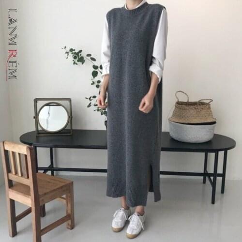LANMREM Casual Round Neck Knitted Sweater Women Solid Sleeveless Long Pullover 2021 Autumn Winter Fashion Clothing Top 2C2073
