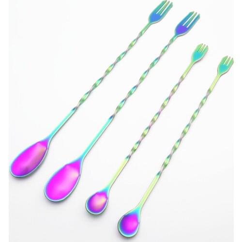 Stainless Steel Long Stir Spoon Overlong Coffee Spoon Bartender Mixing Spoon Cocktail Shaker With Fruit Fork Handle 2pcs/set