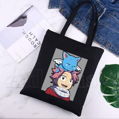 Fairy Tail Print Reusable Shopping Bag Women Canvas Tote Bags Printing Eco Bag Cartoon Shopper Shoulder Bags Black