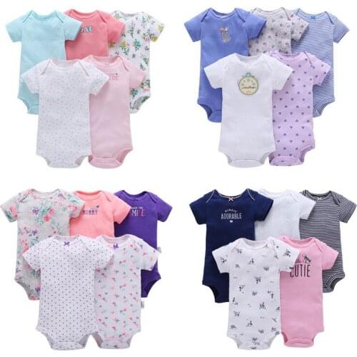 New 5Pcs/Sets Baby Newborn Girls Floral Letter Print Jumpsuit Short Sleeve Infant Boys Casual Clothes Bodysuit Outfits 0-12M