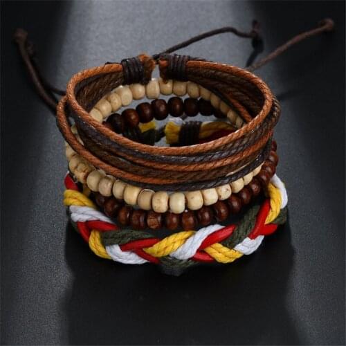 Charm Ethnic Handmade Woven Bracelets Men Vintage Wooded Beads Bangle Male Homme Leather Bracelet Women Jewelry Accessories