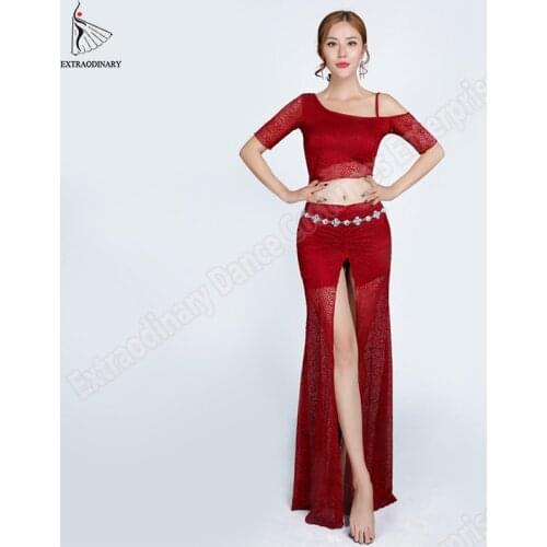 Practice Clothes Top Skirt Women Sexy Fashion Bellydance Oriental Costumes Set Professional Top Skirts Split Lace 2 Pcs