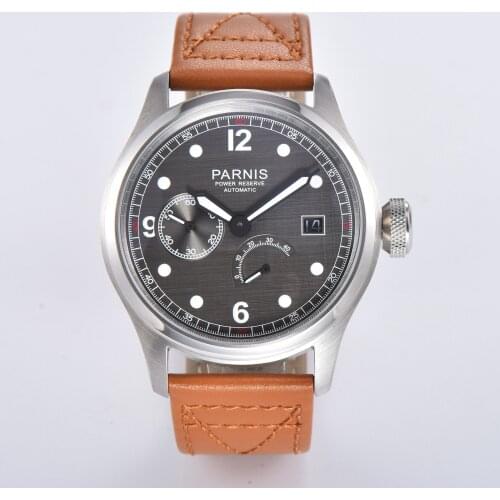 PARNIS 47mm New Stainless case gray dial power reserve date Luminous automatic WATCH Leather strap ST 2530 mechanical mens watch