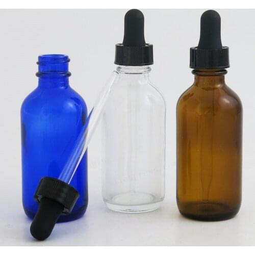 12 x 60ml Clear Amber Cobalt Blue Glass Dropper Bottle 2oz Eye Dropper for Essential Oils Aromatherapy Boston Round Containers