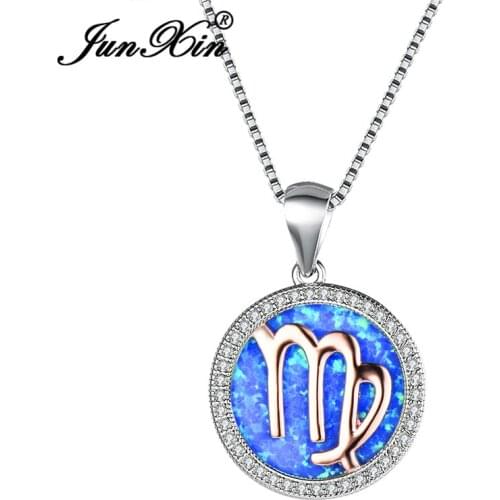 JUNXIN White Gold Filled Virgo Pendant Necklaces For Women Round White Blue Fire Opal Necklace Female CZ Valentine Day Jewelry