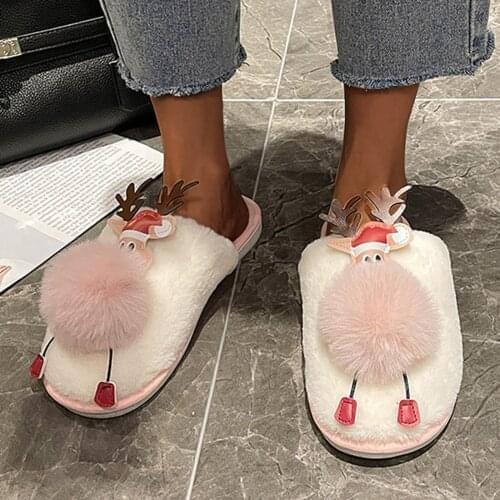 Christmas Elk Plush Home Slippers Womens Casual Winter Warm Shoes Breathable Outdoor Slip On Deer Slippers Zapatos Mujer