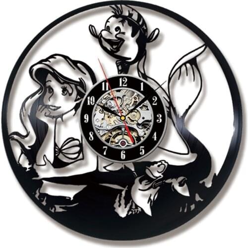 Mermaid Vinly Record Clock Fahion Creative Cartoon Design Handmade Hanging Wall Clock Antique Style LED Wall Clock