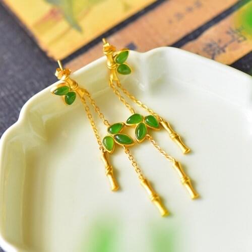 Vintage Hetian Jade Jade Bamboo Pendant Necklace Matte Gold Rings Tassels Earrings For Women Wedding Anniversary Jewelry Gift
