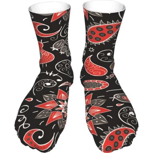 Women Thick Socks Mens Harajuku Retro Fashion Long Socks Knee High Red Bohemia Flower Print Autumn New Winter Dropshipping
