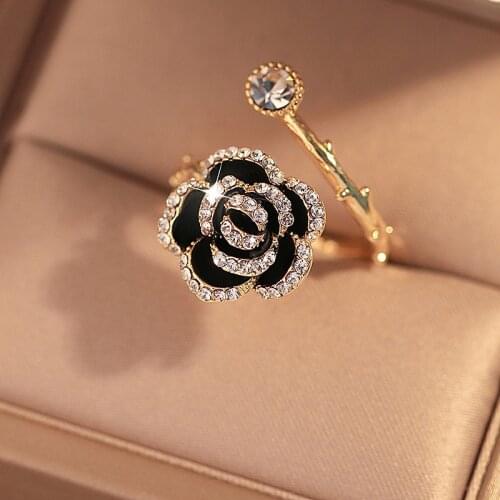 2021 Korean New Exquisite Black Camellia Opening Ring Fashion Temperament Versatile Ring Female Jewelry