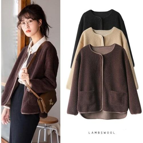 Winter Warm Plush Coat Women Fur Lamb Pockets Loose Casual Jacket Clothes Full Sleeve Round Neck Elegant Teddy Outwear Female