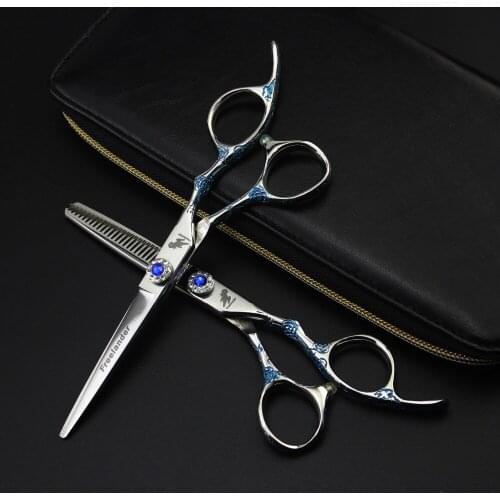 "Flower Plum Blossom Handle Hairdressing Scissors High Face Value Flat Shear Tooth Scissors Blue Stainless Steel Type 6.0 Inch"