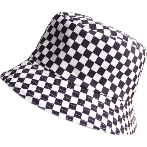 Bucket Hat Two-sided Harajuku Black White Check Fisherman Ladies Sun Hat Male Women Street Hip Hop Cap