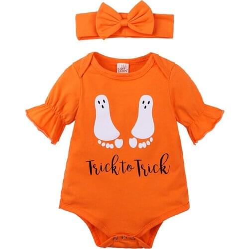 Newborn Baby Girl Clothes Cotton Baby Halloween Clothing Short Sleeve Lotus Bodysuit pumpkin Infant Jumpsuit +Headband costums