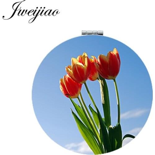 Youhaken Colorful Carnation Flower Art Picture Makeup Mirror Mini Round Folding Compact PU Leather Flat Pocket Mirror Magnifying