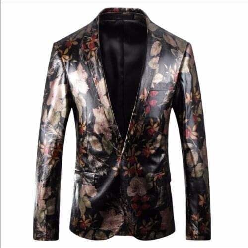 M-5xl New Style Mens Pu Leather Suit Printing Slim Small Blazers Casual Clothes Single Western Jacket Coat Singer Costumes