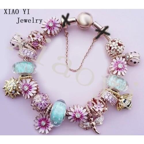 XXIAOYI 2020 new S925 popular Spring Lovely girl garden hollowed-out pink flower sun green glass full flower bracelet female