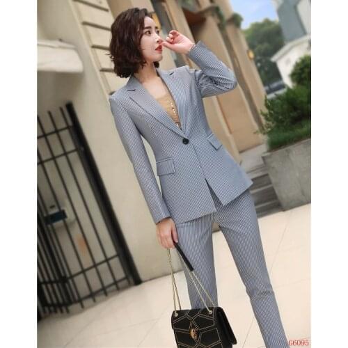 Formal Fashion Grey Striped Blazer Women Business Suits Pant and Jacket Sets Work Wear Ladies Office Uniform Designs Styles
