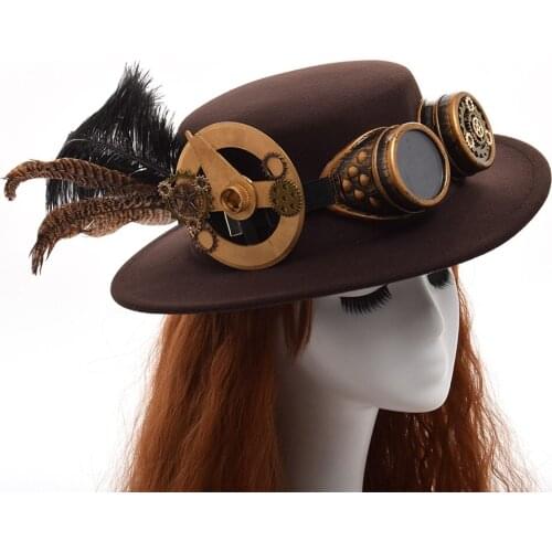 Steampunk Hat Gear Feather Glasses Gothic Vintage Brown Fedora