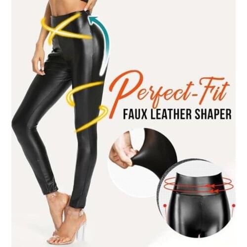 Stretch-Fit Black PU Leather Shaper High Waist Leggings Slim Pants for Women -MX8