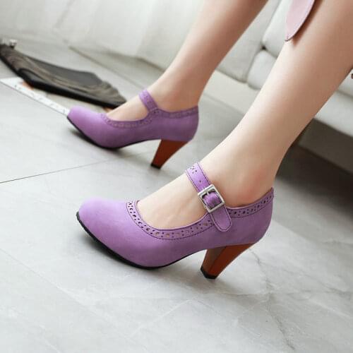 Spike High Heels Purple Green Black Woman Shoes Retro Lady Pumps Buckle Strap Female Heels Mary Janes Shoes Size 34-48