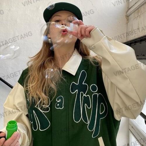 B-TOTO American Retro Green Stitching Flocking Embroidery Baseball Uniform Female Tide Ins Autumn And Winter Jacket 2021
