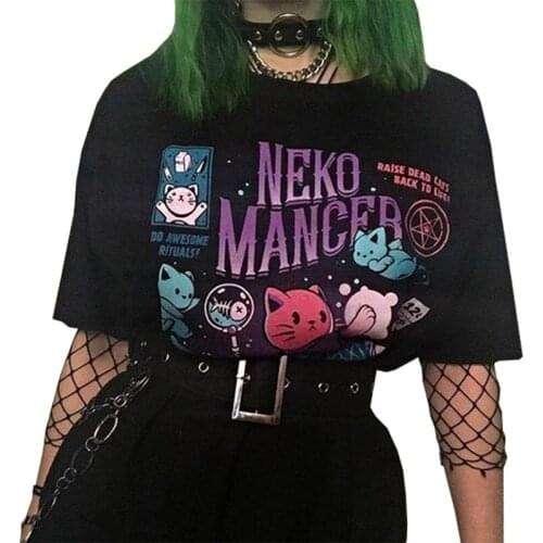 Women Black Hip Hop Cute Cat Printed Boyfriend Style Loose Oversize Streetwear Men Unisex Clothes T-shirt