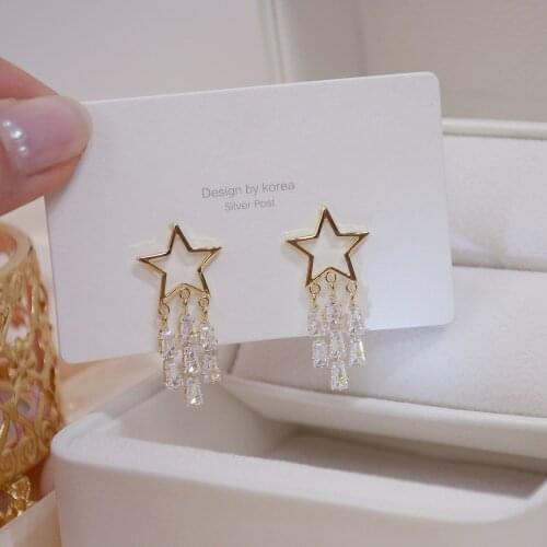 Luxury 14K Gold AAA Super Flash Zircon Five Pointed Star S925 Silver Needle Tassel Temperament Ladies Earrings Girl Jewelry Gift
