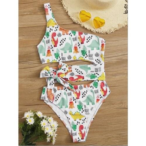 Sexy Dinosaur Print Swimwear Women One Shoulder Hollow Out Backless Front Tie Bandage Backless Bathing Suit One Piece Swimsuit
