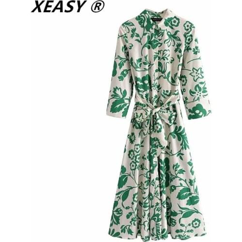 XEASY Za Woman 2021 Summer Long Dress Green Print Shirt Dress Fashion Belt Button Up Midi Dresses Vintage Casual Dresses Mujer