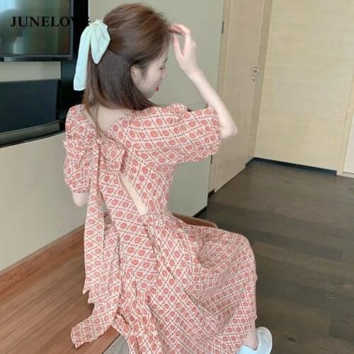 JuneLove 2021 Summer New Open Back Bow A-line Pink Print Dress Short Sleeve V-neck Bubble Sleeve Office Lady Patchwork Vestidos