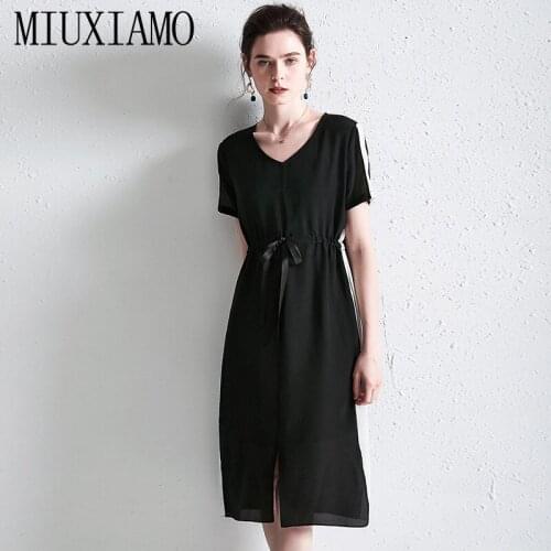 MIUXIMAO High Quality 100% Silk 2020 Summer Newest Arrival Vintage O-Neck Black A-Line Mid-Calf Elegant Vintage Dress Vestido