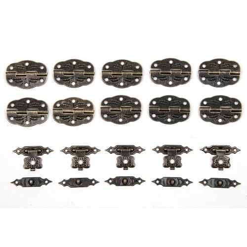 10pcs Hinges+5pcs Latches,Antique Drawer Wood Box Cabinet Door Hasp Lock Hook Latch and Butterfly Hinges for Jewellery Gift Box