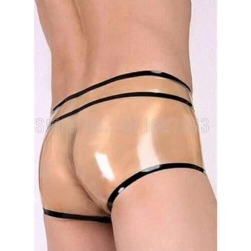 100% Latex Shorts Cool Sexy Transparent Natural w Black Trim Mens Boxer Briefs Rubber Shorts Underwear no Zipper Sample Style