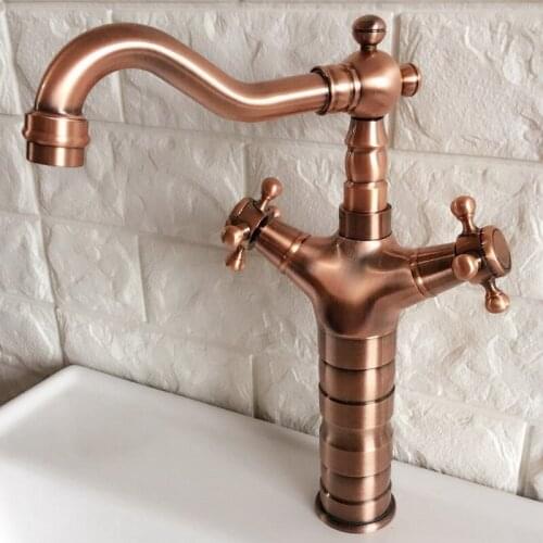 Antique Red Copper Brass Kitchen Bathroom Vessel Sink Single Hole Basin Swivel Spout Faucet Dual Cross Handles Water Tap arg056