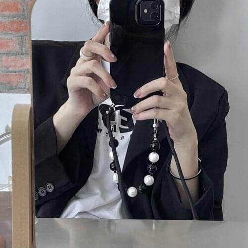 Black Chain Pearl Beads Case For iPhone 11 Pro Max 12 Mini XS X XR 7 8 Plus SE Shockproof Necklace Back Capa Shell Cover