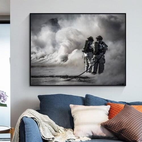 Black and White Fireman Oil Painting Hanging Picture Poster Canvas Print Painting Wall Art Living Room Home Decoration