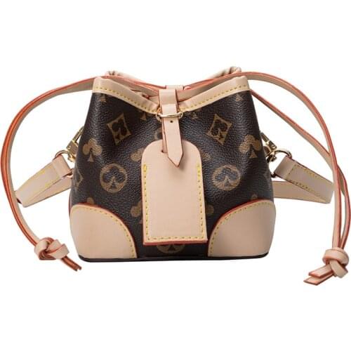 Ladies Messenger Bag No Logo Retro Classic Print Mini Shoulder Bucket Bag Drawstring Opening Custom Lettering