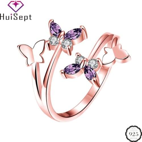 HuiSept New 925 Silver Rings Amethyst Zircon Gemstone Double Butterfly Shape Jewelry Ring for Women Wedding Party Gift Wholesale