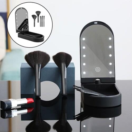 Household Makeup Mirror Box Makeup Brush Set 360°Rotation Touch Switch Light with 6 Makeup Brushes and Storage Box for Travel