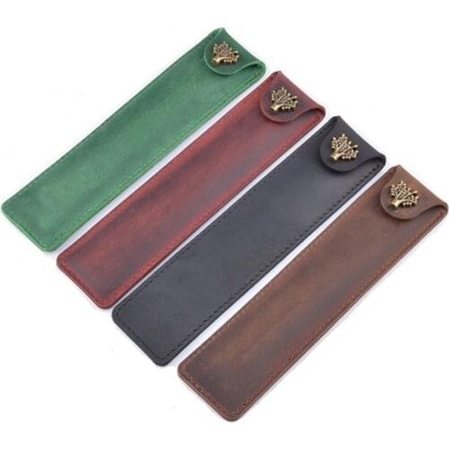 Crazy Horse Leather Pencil Case Bag Holder With Tree Shaped Button Small tool Storage Genuine leather Case for singal Pen