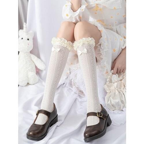 Hot sale fashion black bowknot creative hollow lace stockings womens white calf socks