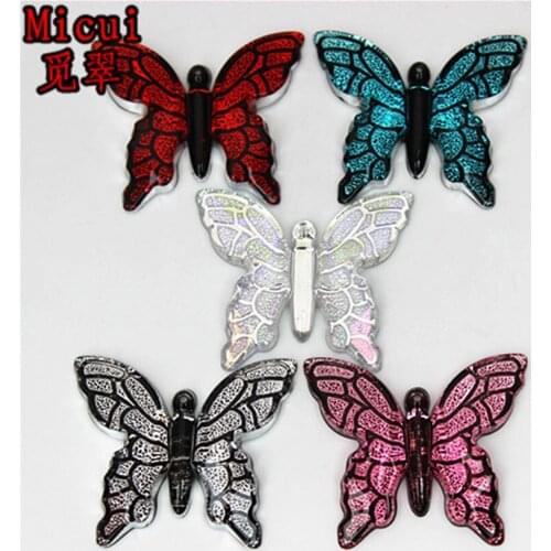 Micui 10pcs 34*40mm Acrylic Rhinestone Applique Flat Back Butterfly Button For Clothes Dress Crafts Garment Decoration MC775
