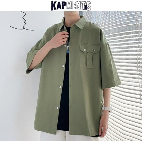 KAPMENTS Men Harajuku Button Up Mid-sleeve Shirt 2021 Summer Mens Streetwear Korean Fashion Shirts Male Vintage Cotton Blouses