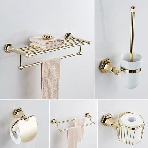 Bathroom Hardware Set Brass Towel Rack Paper Holder Towel Bar Corner Shelf Toilet Brush holder Golden Bathroom Accessories Set
