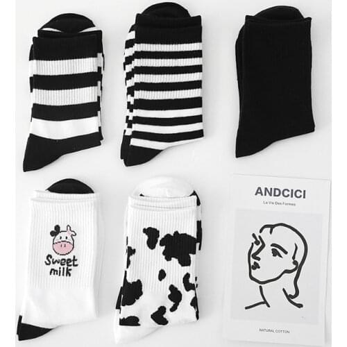 6Pieces=3 Pairs/SetCute Women Socks Kawaii Cow Print Harajuku Streetwear Female Crew Socks TJ3084