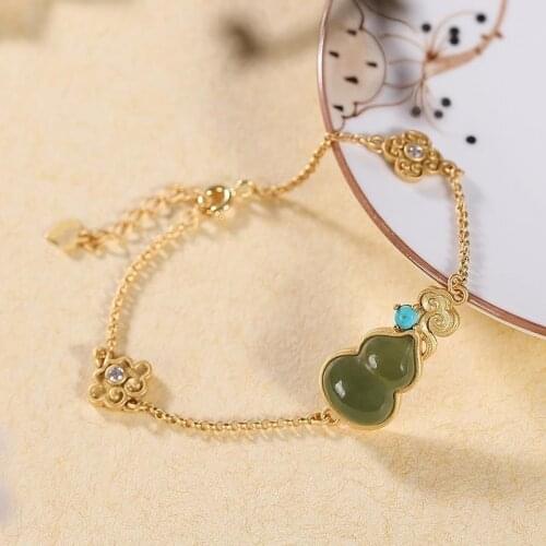 New inlaid natural Hetian Chalcedony antique gourd Bracelet unique ancient gold craft light luxury womens brand jewelry