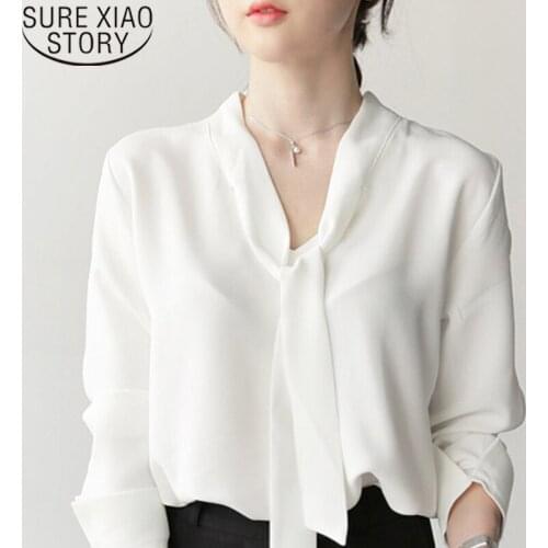 Autumn 2021 Chiffon Casual Women Blouse Long Sleeve V-neck Bow Solid Women Clothing Fashion Women Tops Women Blouses 5105 50