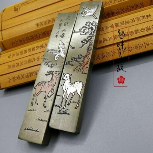 A pair of China Collection Copper Red-crowned crane Sika deer statue paperweight